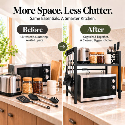 ✨ CounterSpace Pro Expandable Microwave Shelf – Adjustable Kitchen Organizer with 6 Hooks