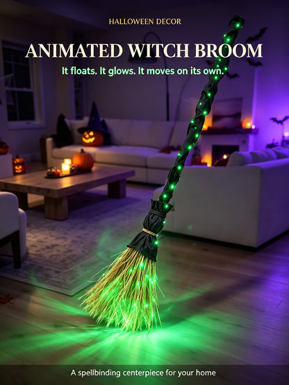 🧙‍♀️ Animated Witch Broom | Self-Moving & Green LED Glowing Halloween Decor 🎃✨