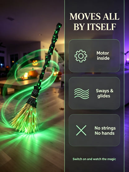 🧙‍♀️ Animated Witch Broom | Self-Moving & Green LED Glowing Halloween Decor 🎃✨
