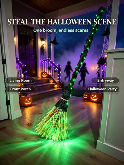 🧙‍♀️ Animated Witch Broom | Self-Moving & Green LED Glowing Halloween Decor 🎃✨