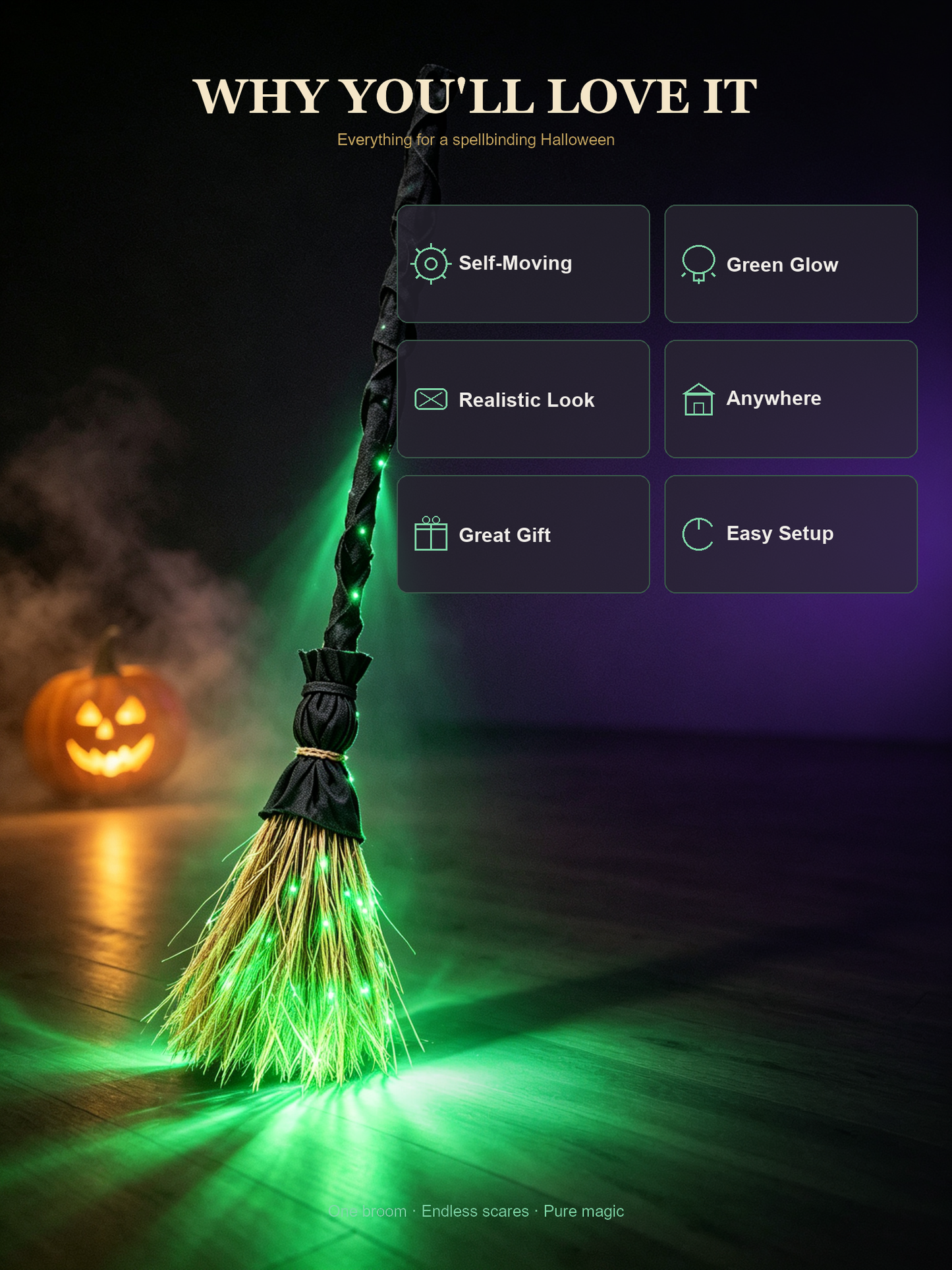 🧙‍♀️ Animated Witch Broom | Self-Moving & Green LED Glowing Halloween Decor 🎃✨