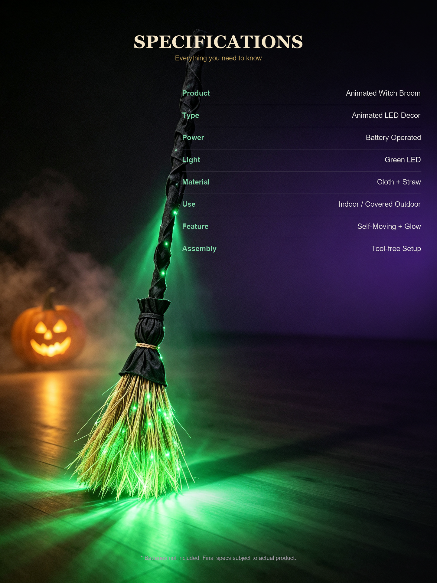 🧙‍♀️ Animated Witch Broom | Self-Moving & Green LED Glowing Halloween Decor 🎃✨