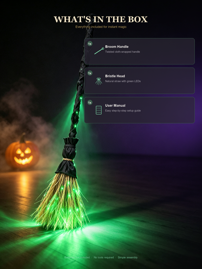 🧙‍♀️ Animated Witch Broom | Self-Moving & Green LED Glowing Halloween Decor 🎃✨