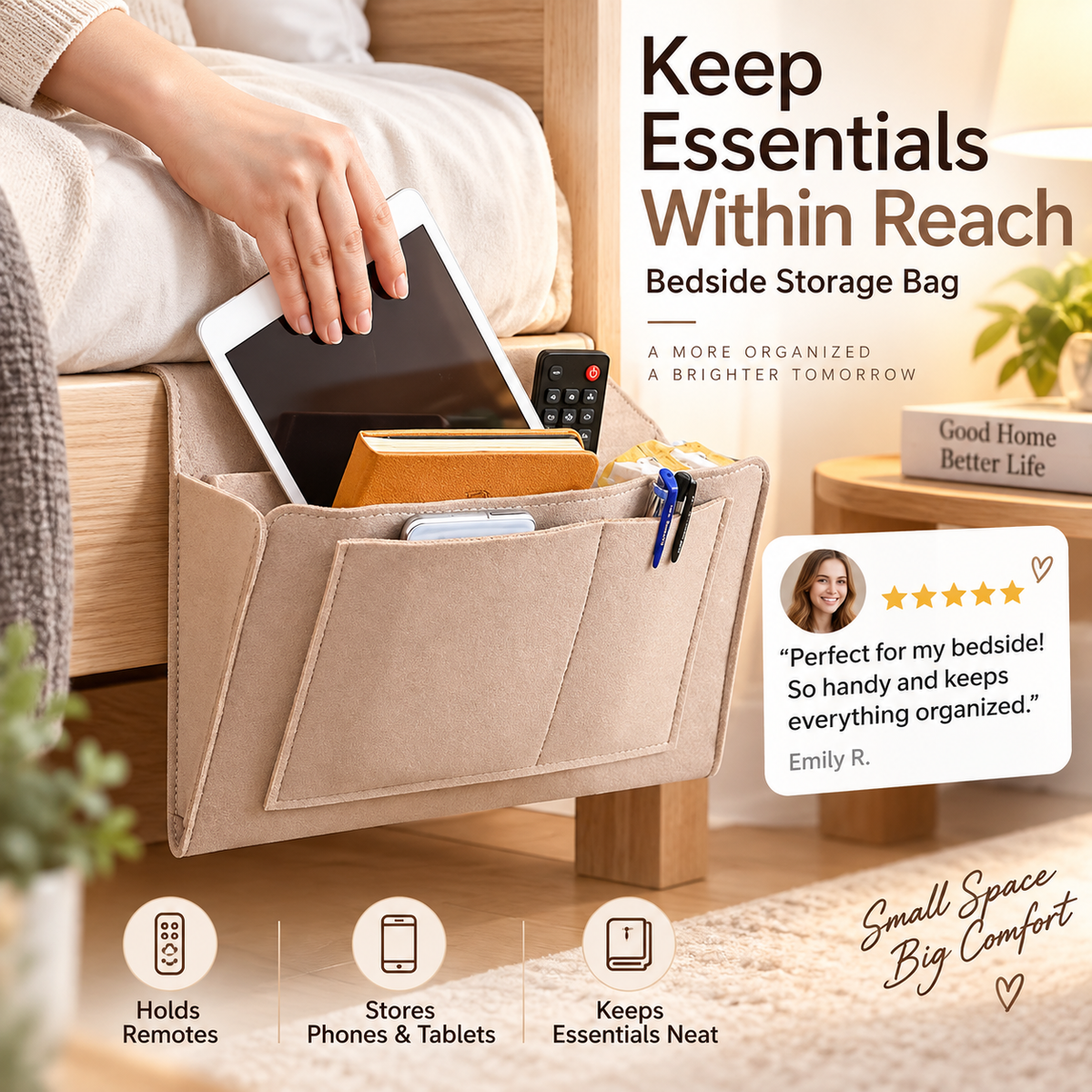 🥳2026 HOT SALE🥳💞50K+ SOLD! 🛏️ Bedside Hanging Storage Bag‑Multi‑Pocket Bed Caddy Organizer, Felt Hanging Pouch for Dorm Bunk Bed Hold Tablet Book Phone Stationery